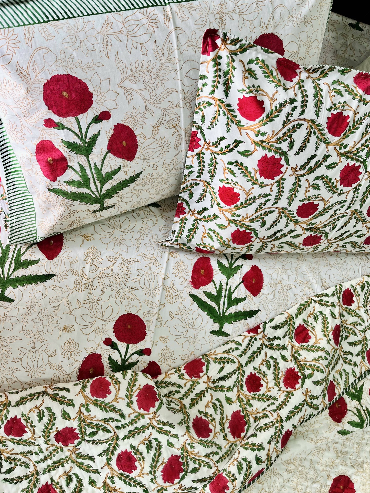 Red Poppy Hand Block Print Reversible Quilt