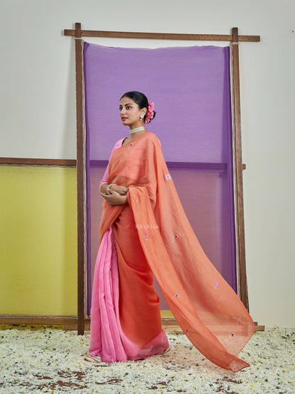 Suman Orange Pink Chanderi Saree