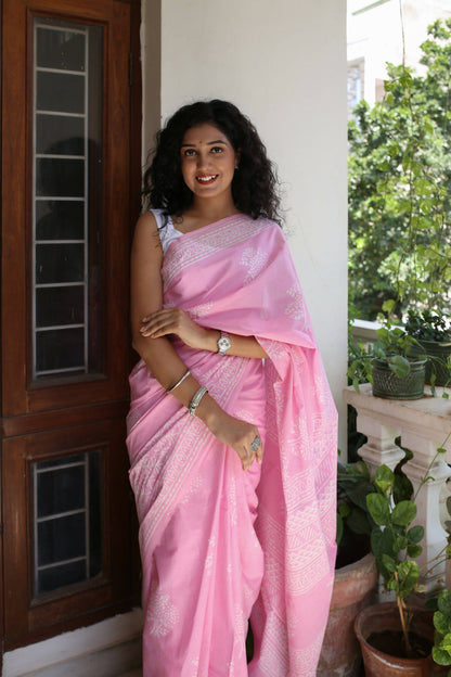 Pink Peony - Hand Block Print Mulmul Cotton Bagru Saree