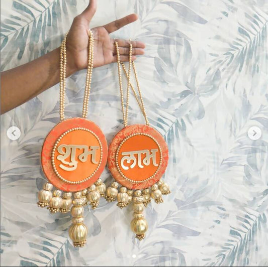 Shubh Labh Hanging Pair Orange Reversible With One Side Mirror Wall Hanging