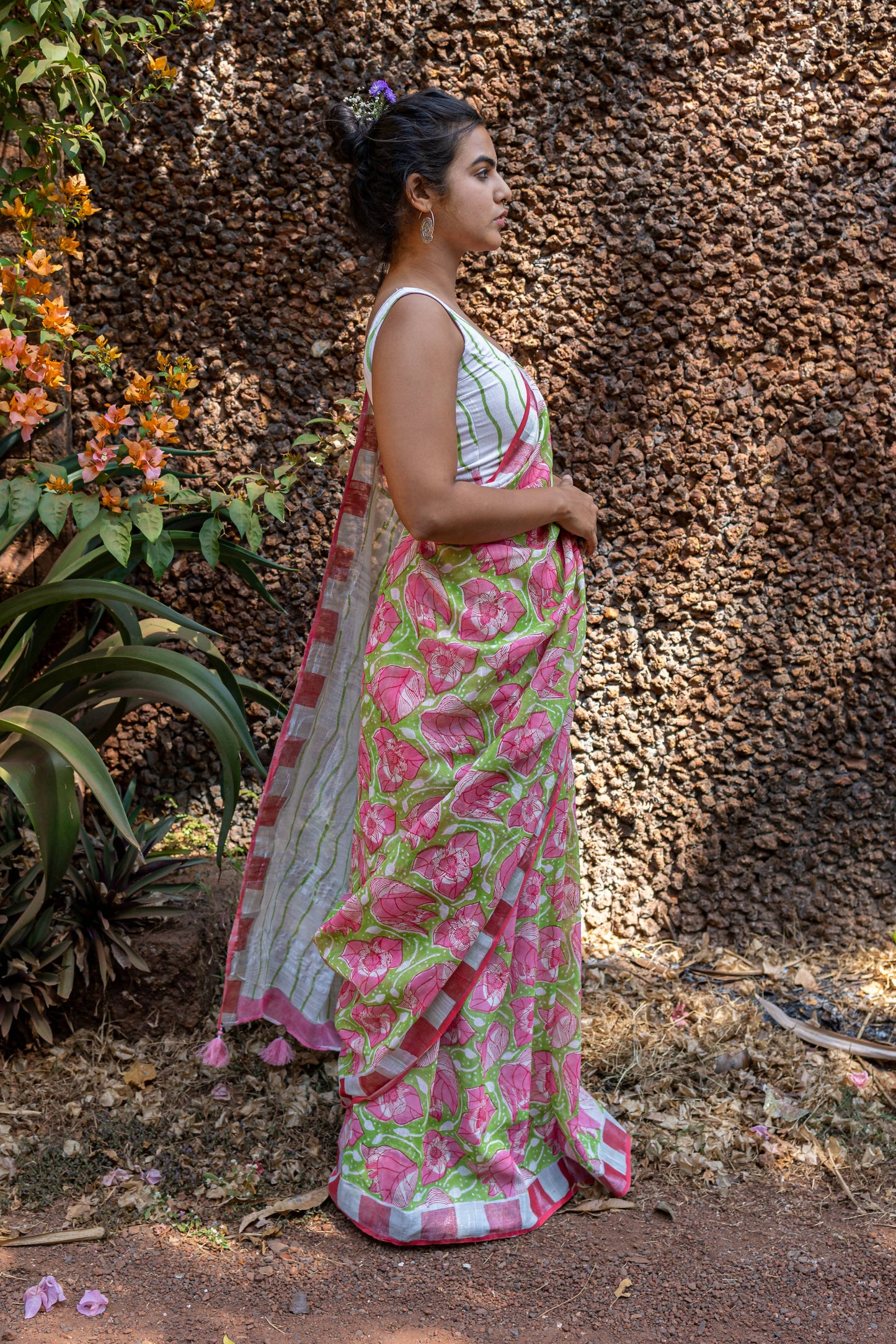 Bougainvillea Hand Printed Linen Saree