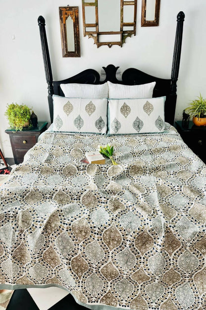 Gulnar Handblock Printed Jacquard Bedcover - Queen Size