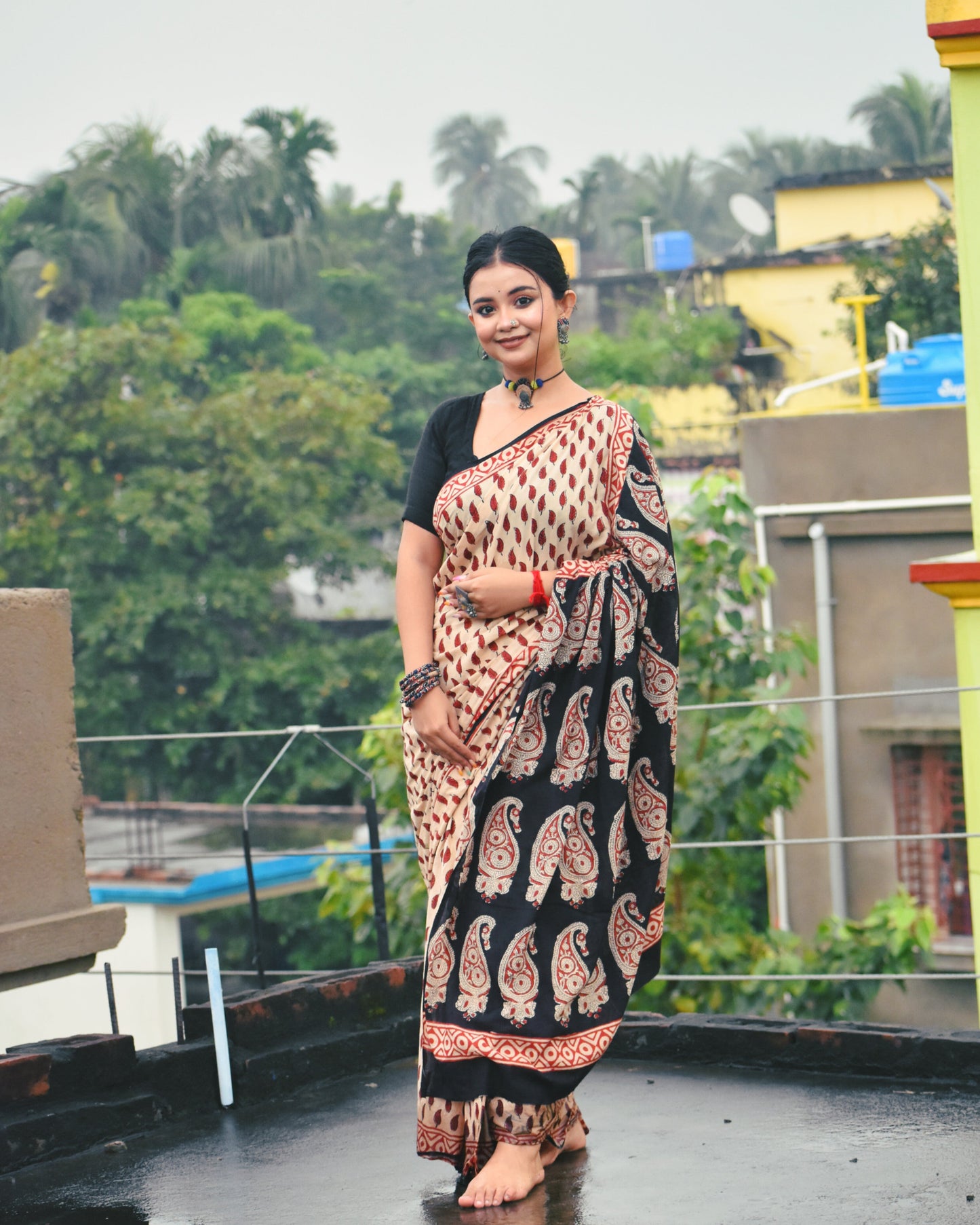 Chirmi Bagru Handblock Printed Cotton Mulmul Saree