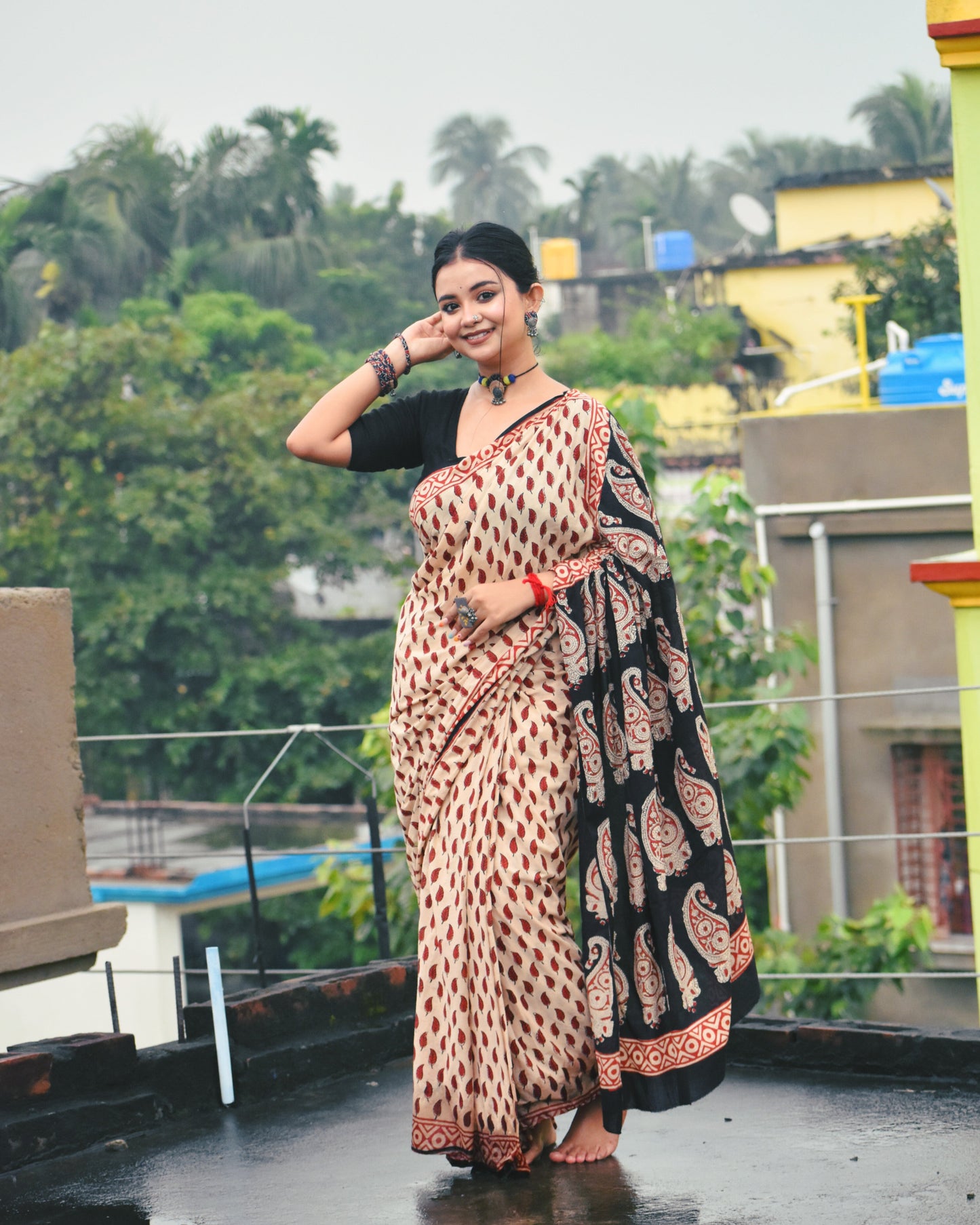 Chirmi Bagru Handblock Printed Cotton Mulmul Saree