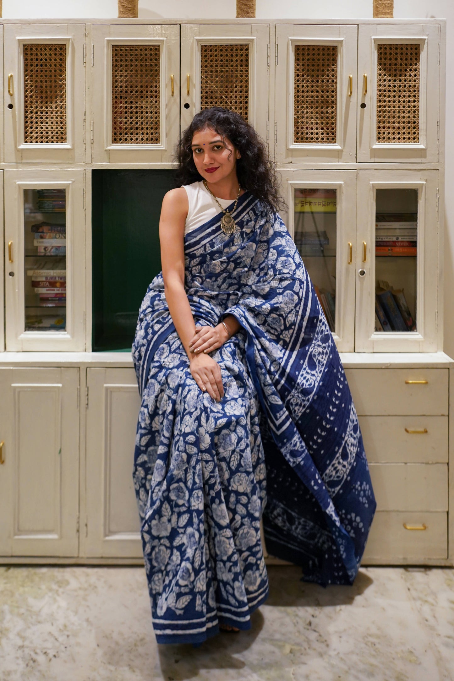 Indigo Hibiscus - Hand Block Print Mulmul Cotton Bagru Saree