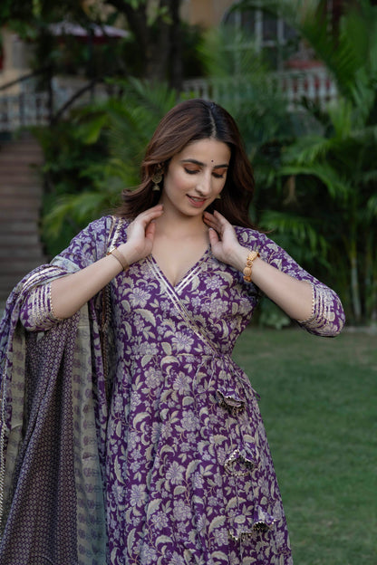 Periwinkle Floral Blockprint Cotton Suit Set