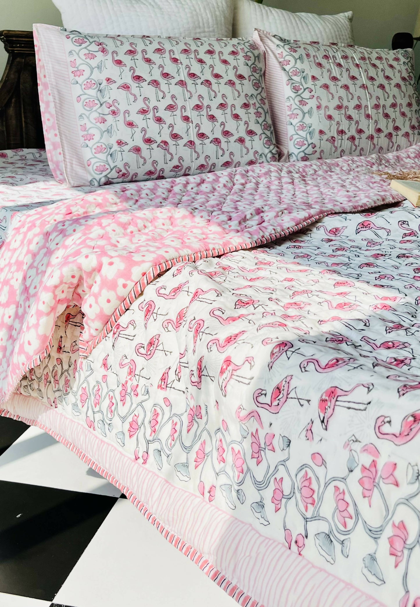 Flamingo Hand Block Print Reversible Quilt