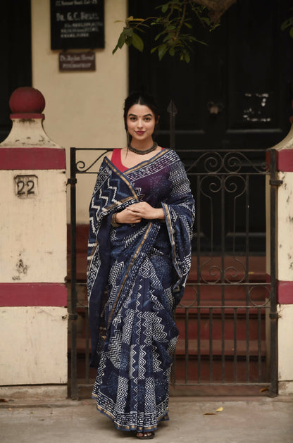 Indigo Waves - Hand Block Print Chanderi Silk Bagru Saree