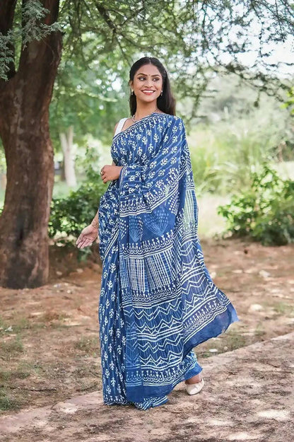 Mystic Mysore - Indigo Dabu Hand Block Print Mulmul Cotton Bagru Saree