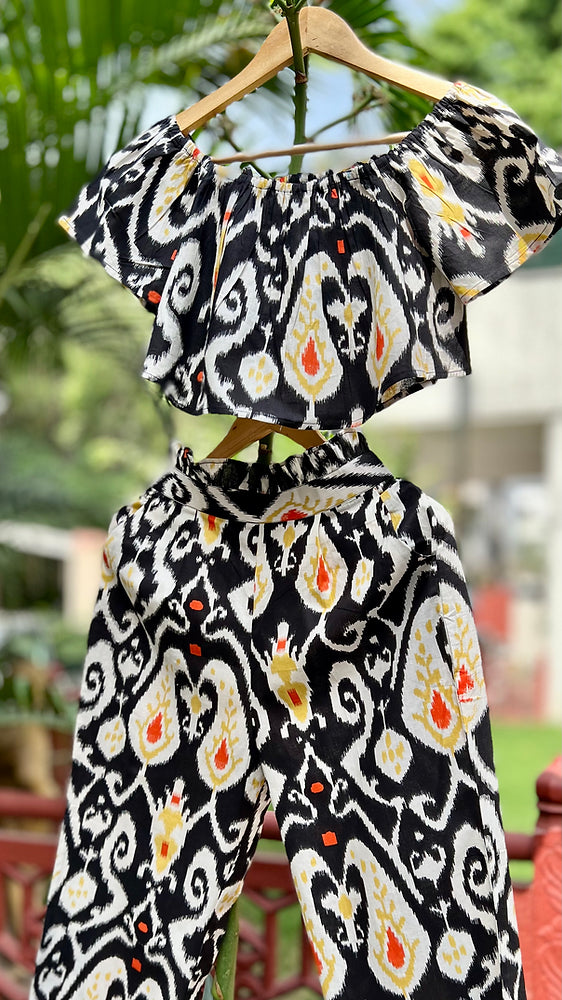 Charcoal Black Ikat Crop Top Pants Set - Main Image