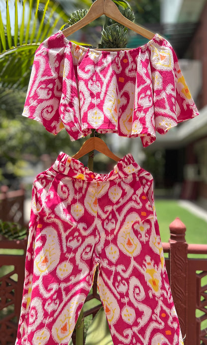 BubbleGum Pink Ikat Bardot Top with Frill Band Pants