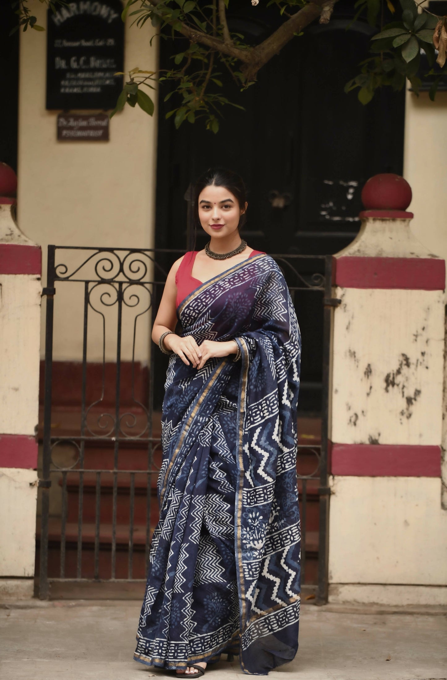 Indigo Waves - Hand Block Print Chanderi Silk Bagru Saree