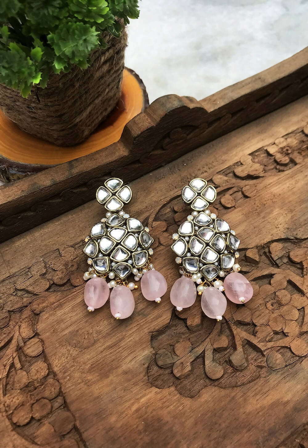 Natural Stone and Kundan Chandelier Earrings