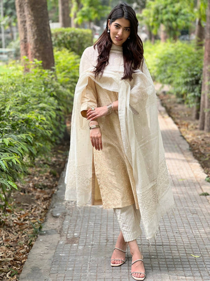 Beige Emroidered Chanderi Kurta Set