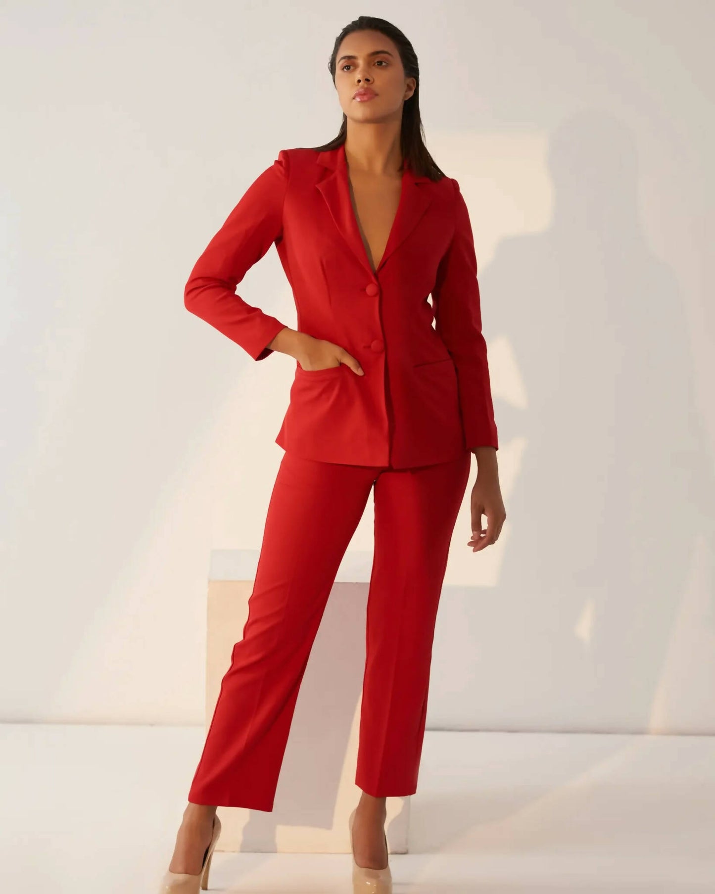Iconic - Red Blazer With Straight Pants (Set)