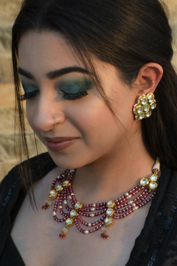 Red jades and polki choker set with studs