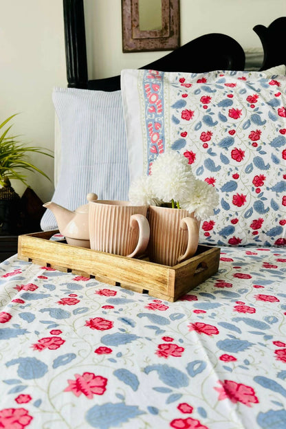 Tuberose Hand Block Printed Cotton Bedsheet - Queen Size