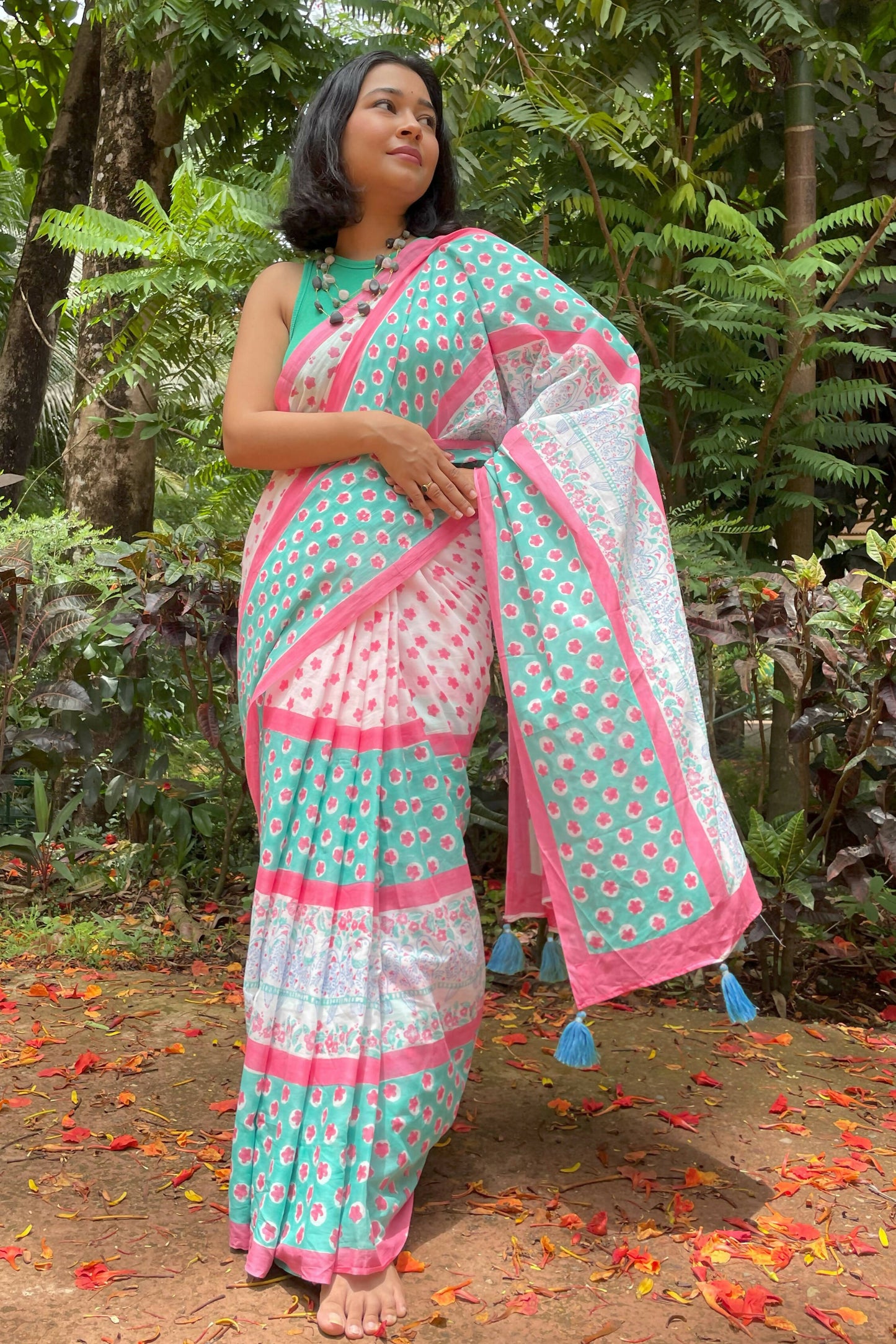 Kingfisher Hand Printed Mul Cotton Saree