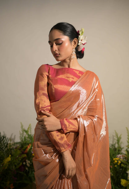 Gulmohar Mirage - Neon Orange Handloom Tissue Saree