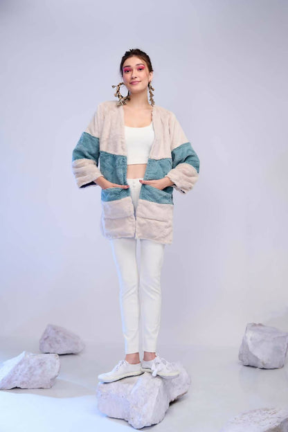 Teal And Creme Colour Block Jacket