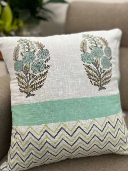 Slub Cotton Cushion Cover| Aqua Green Zig-Zag (Set of 2)