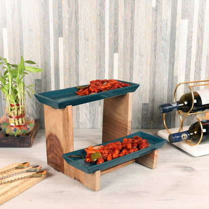 Two Layer Wooden & Ceramic Snacks Platter