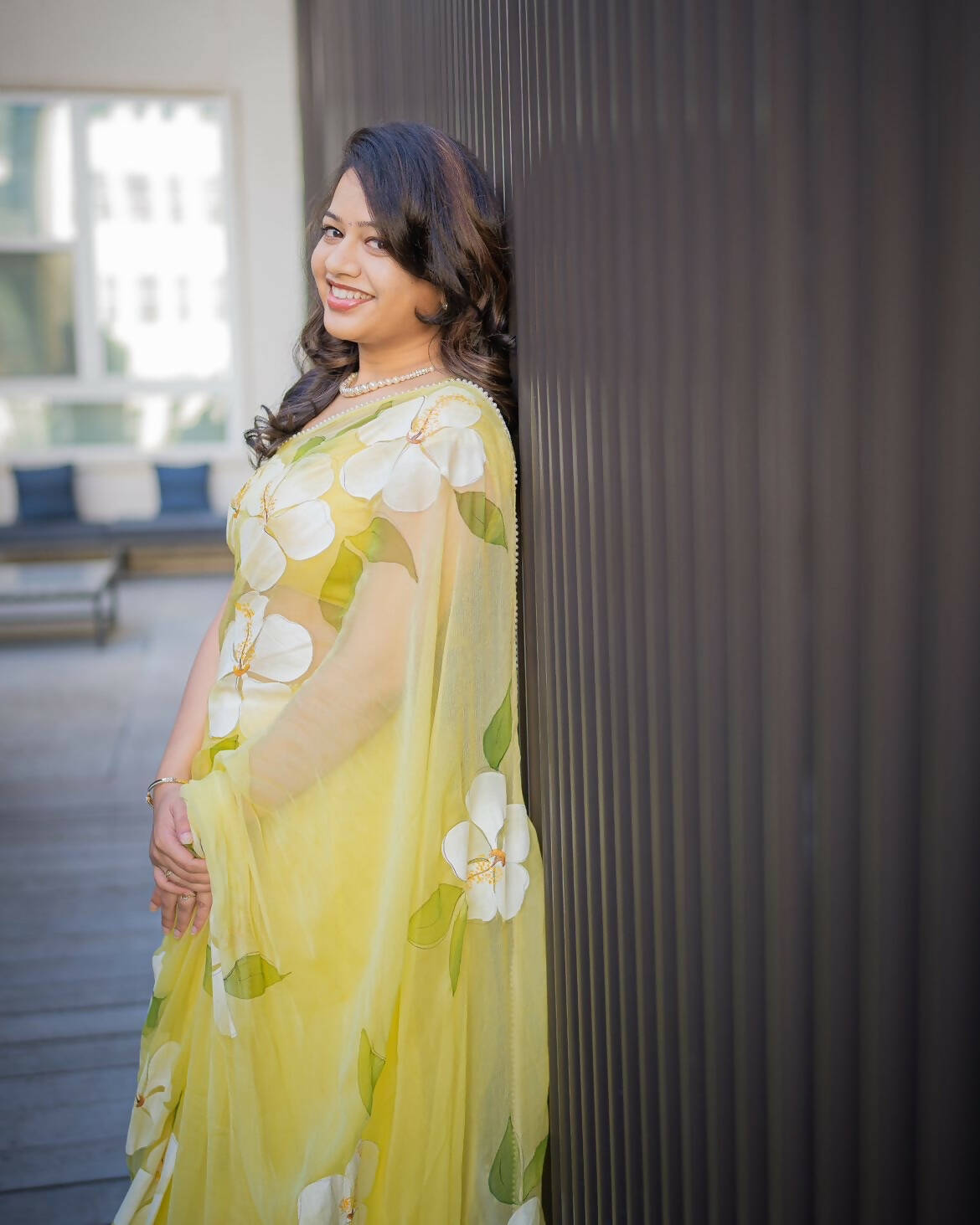 Hibiscus Chiffon Saree With Pearl Border