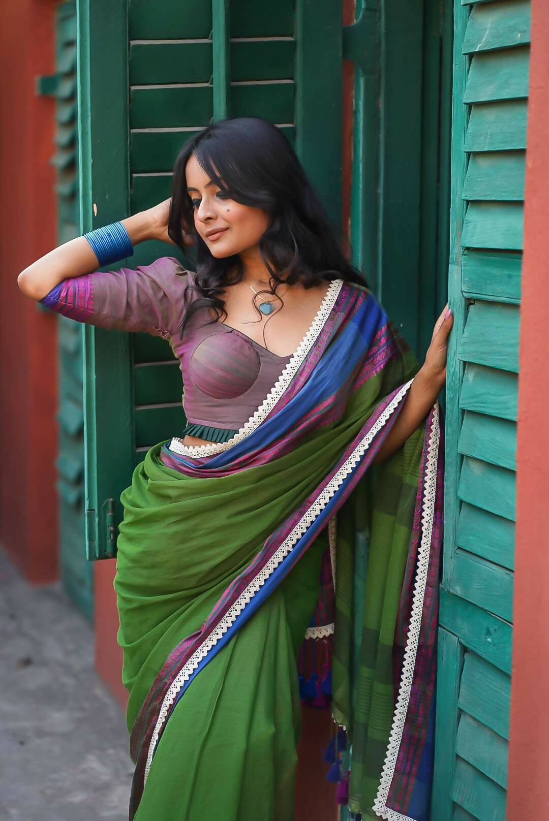 A Soaked Olive Cotton Saree