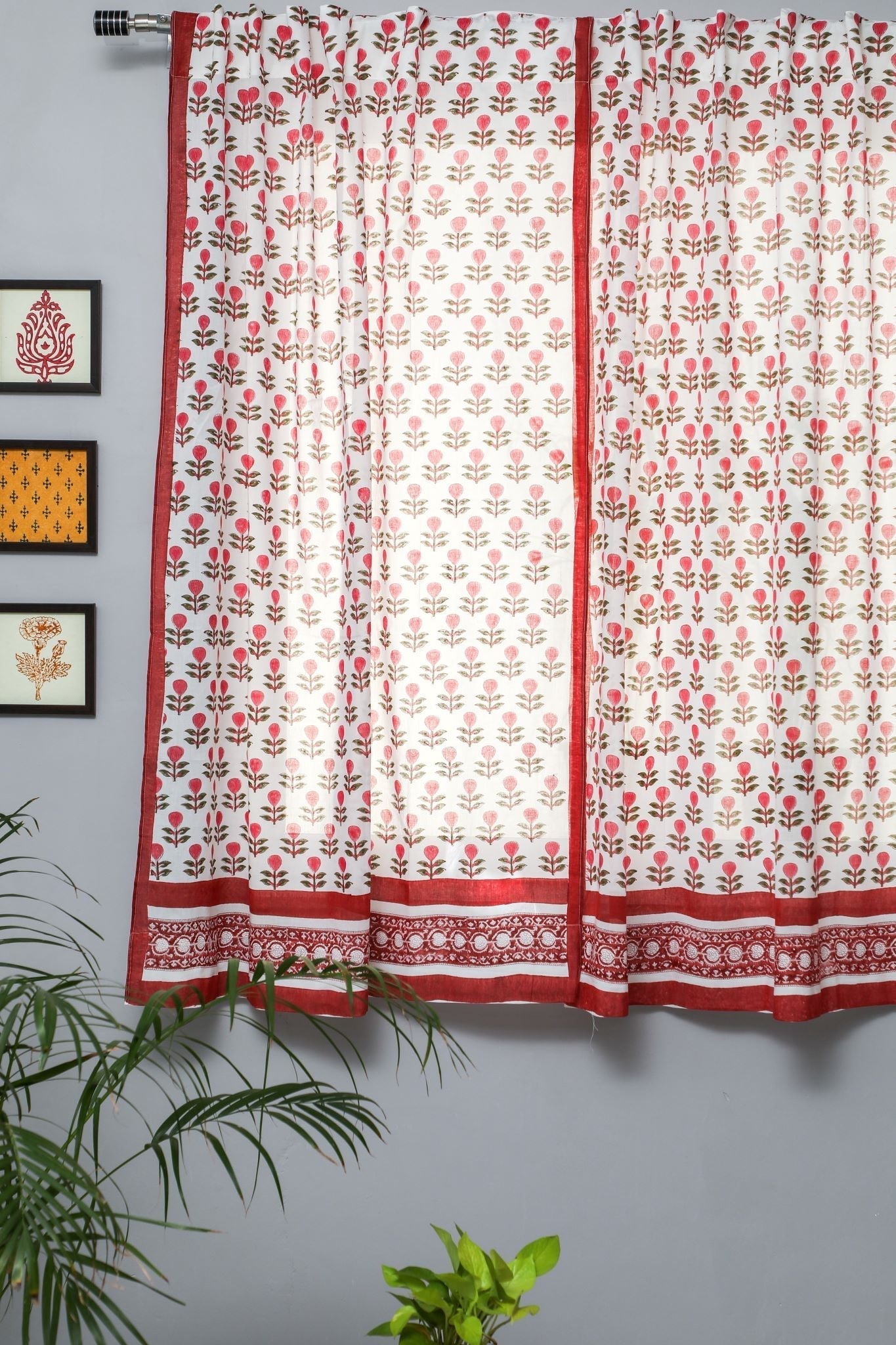 Evergreen cherry Handblock Printed Cotton Window Curtain