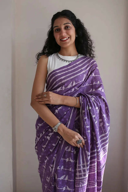 Little Birdies - Hand Block Print Mulmul Cotton Bagru Saree