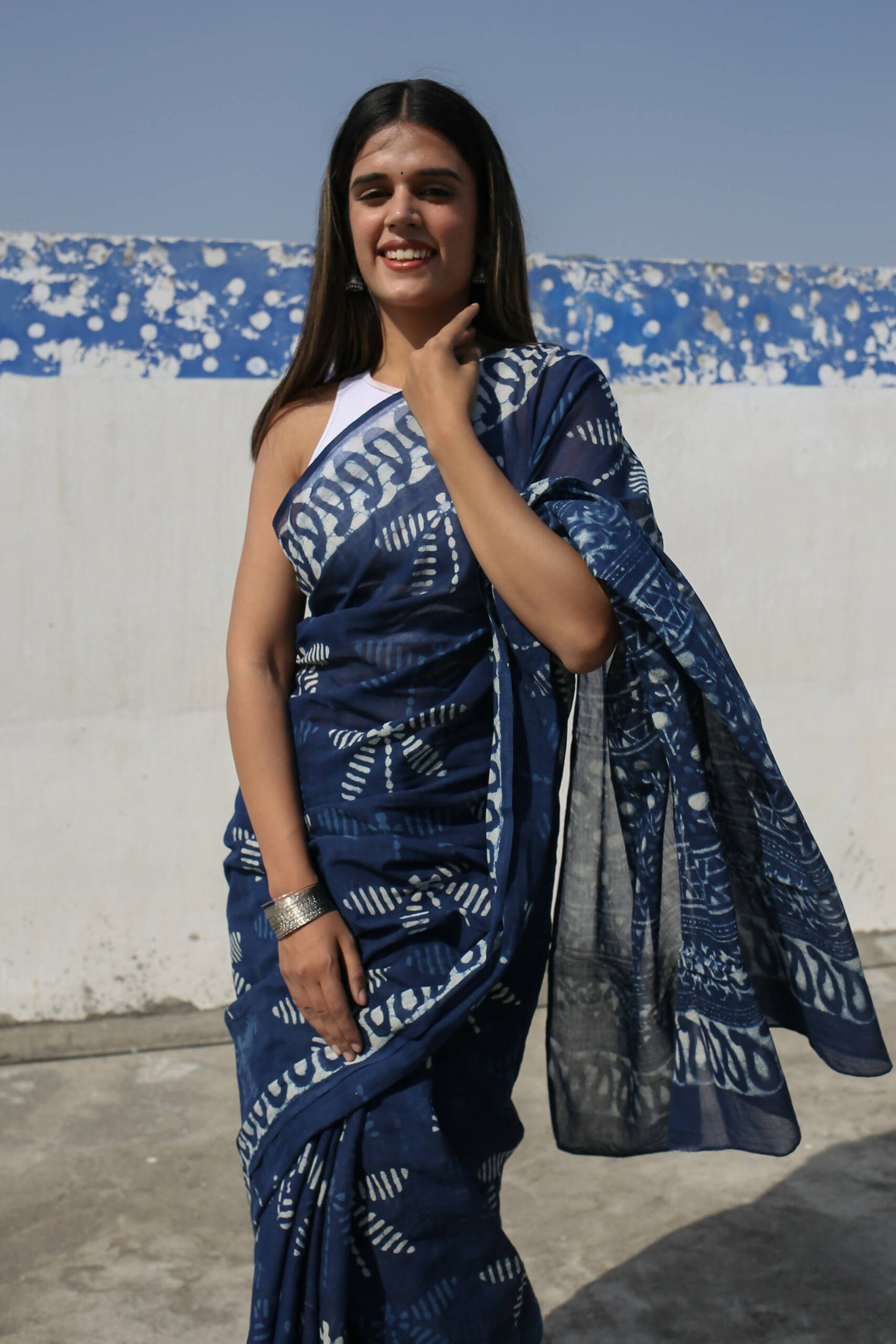 Indigo Dragonflies - Hand Block Print Mulmul Cotton Bagru Saree