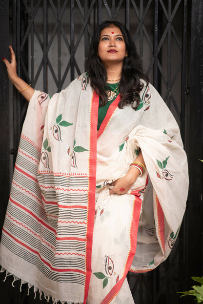 Amar Uma Laal Paar White Cotton Saree