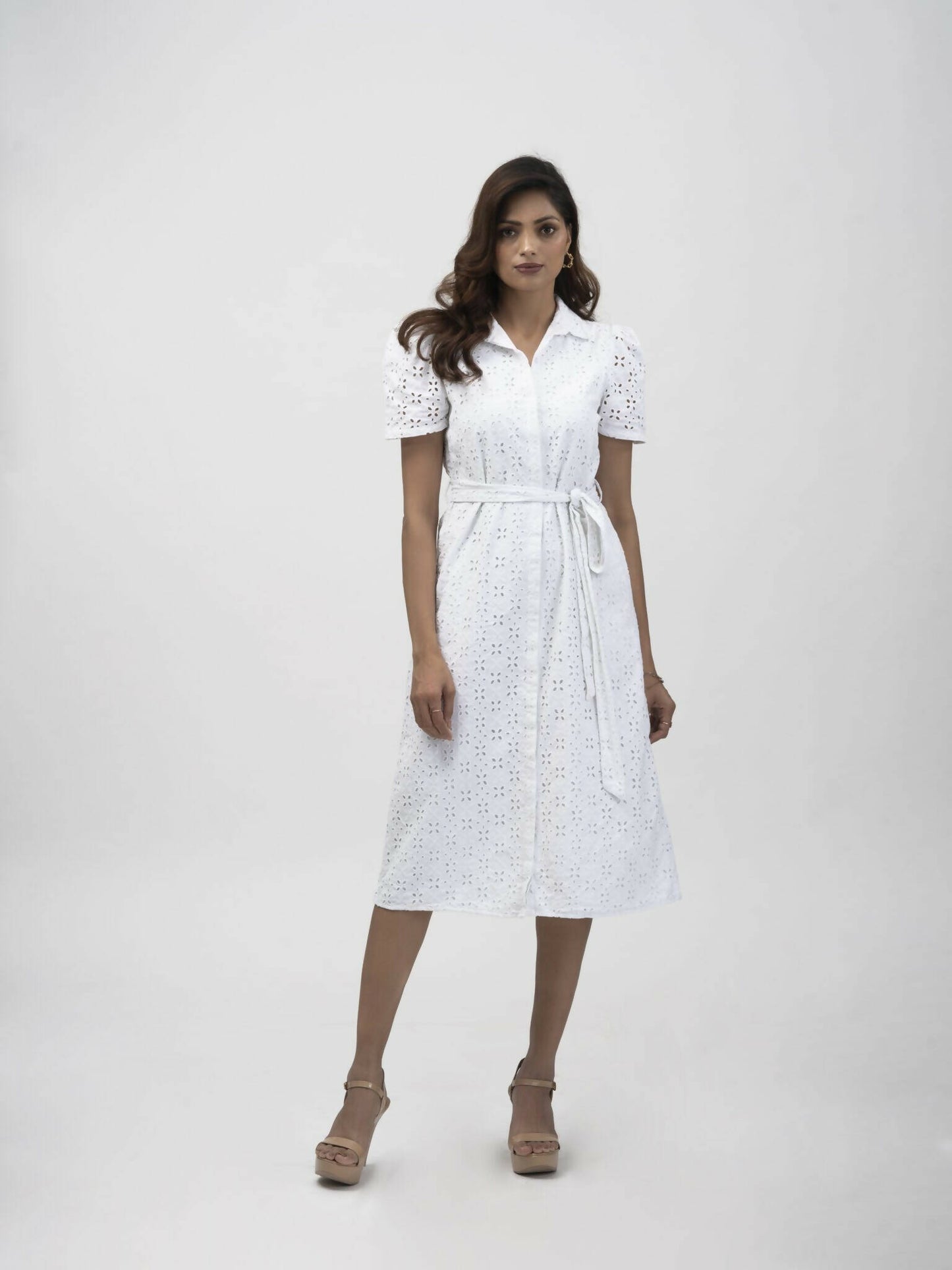 White Schiffli Shirt Dress