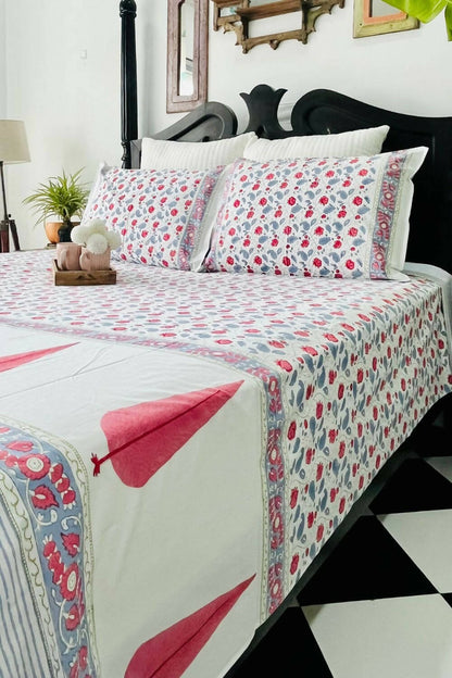 Tuberose Hand Block Printed Cotton Bedsheet - Queen Size