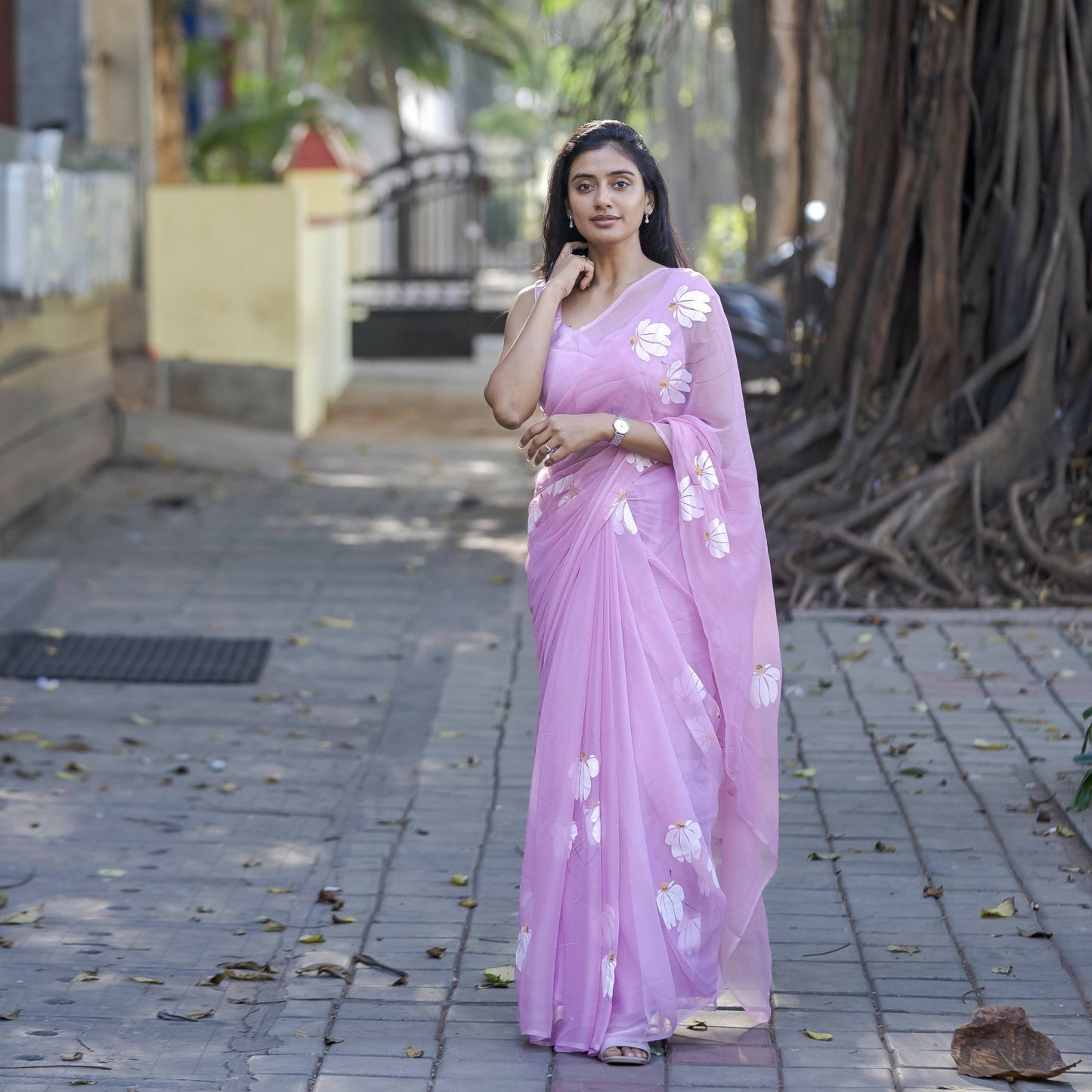 Lilac Half-Daisies Chiffon Saree