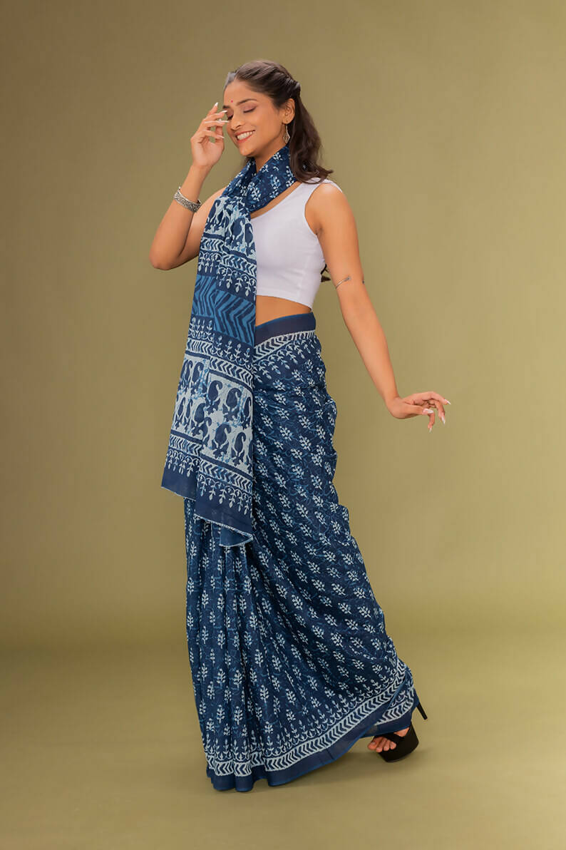 Indigo Neelam Handblock Print Natural Dyed Mul Saree