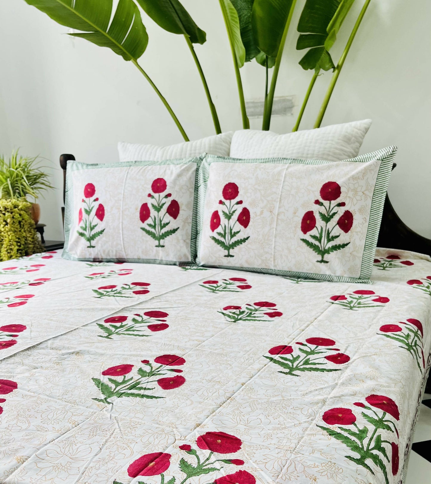 Red Poppy Block Printed Cotton Bedsheet