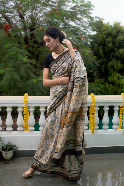 Morning Bliss - Hand Block Print Maheshwari Silk Bagru Saree