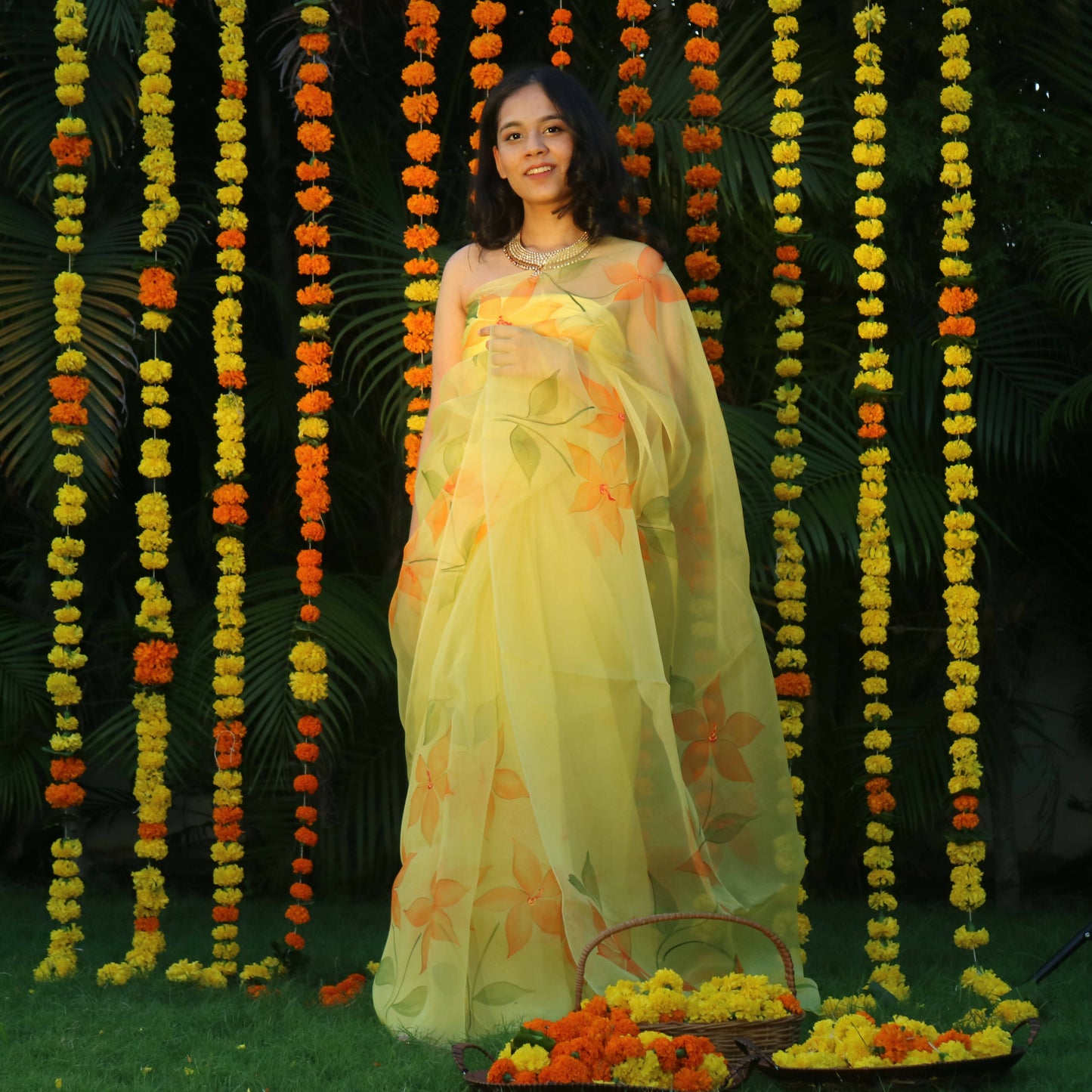 Full Daisies Organza Saree In Yellow