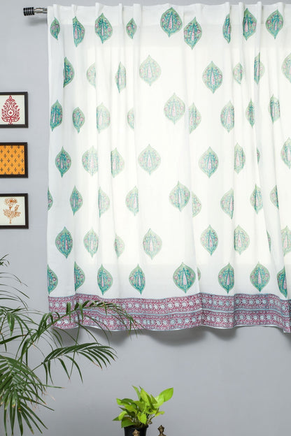 Green Palm Handblock Printed Cotton Window Curtain