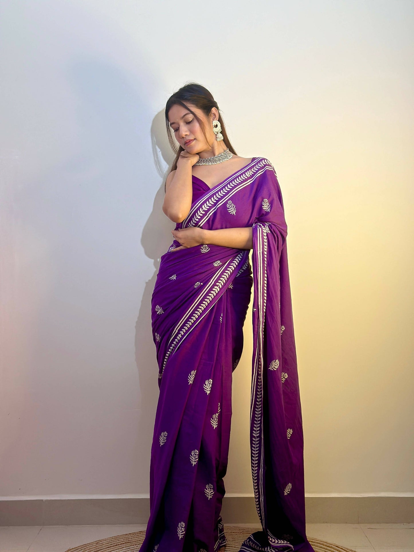 Party Purples Handblock Print Natural Dyed Mulmul Cotton Saree