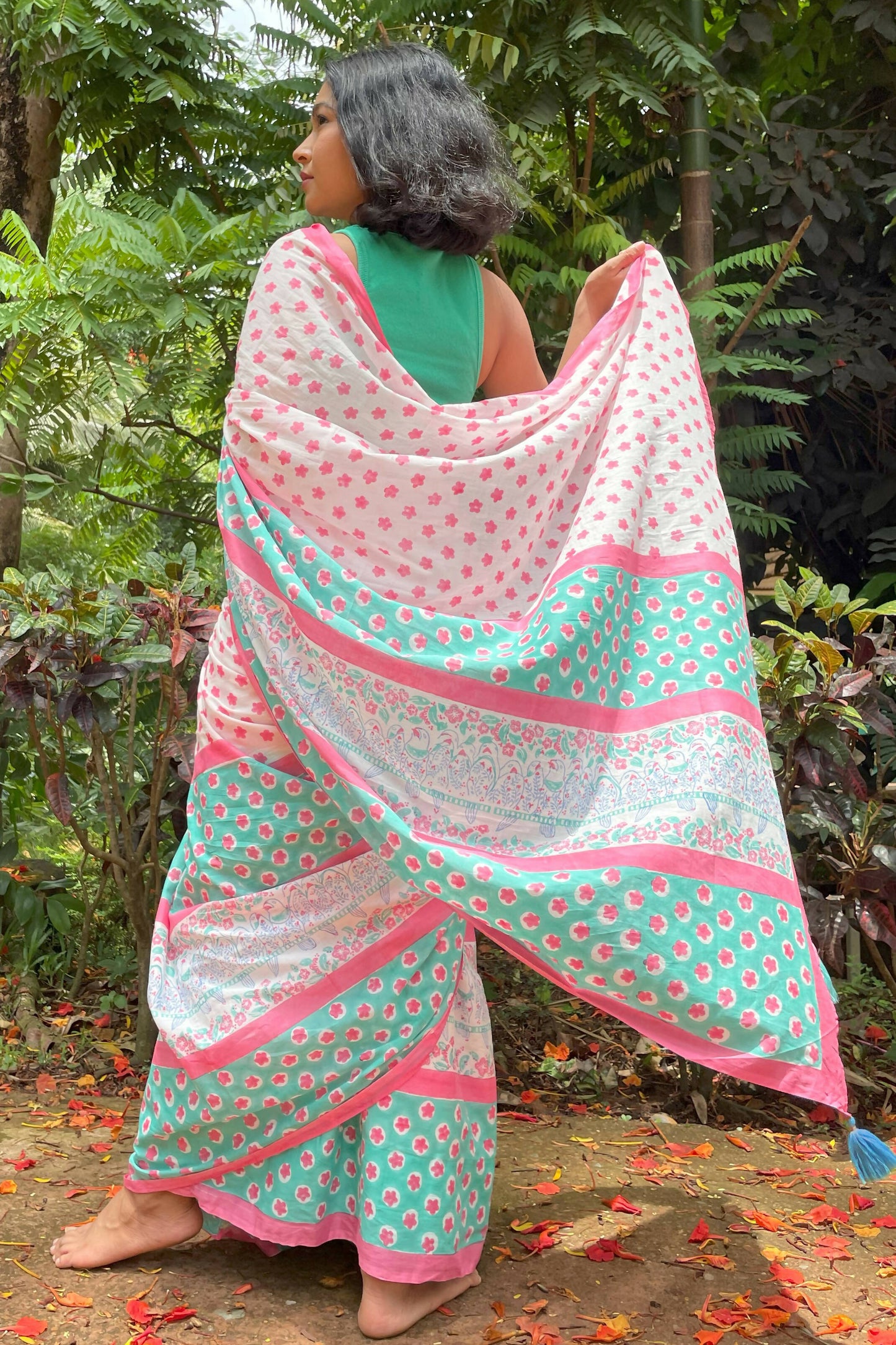 Kingfisher Hand Printed Mul Cotton Saree