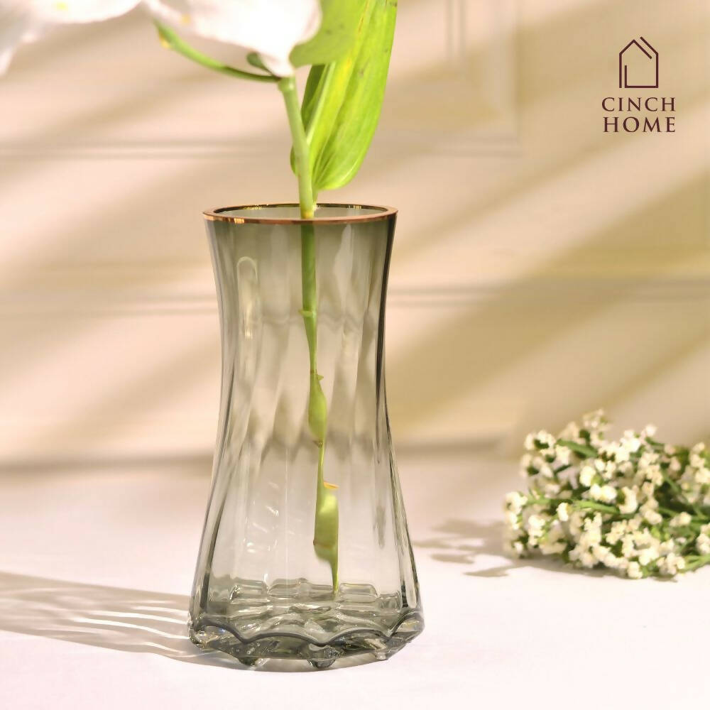 Elate Glass Vase with Gold Rim- Grey