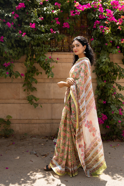 Tulip Garden - Light Green Hand Block Print Chanderi Silk Saree