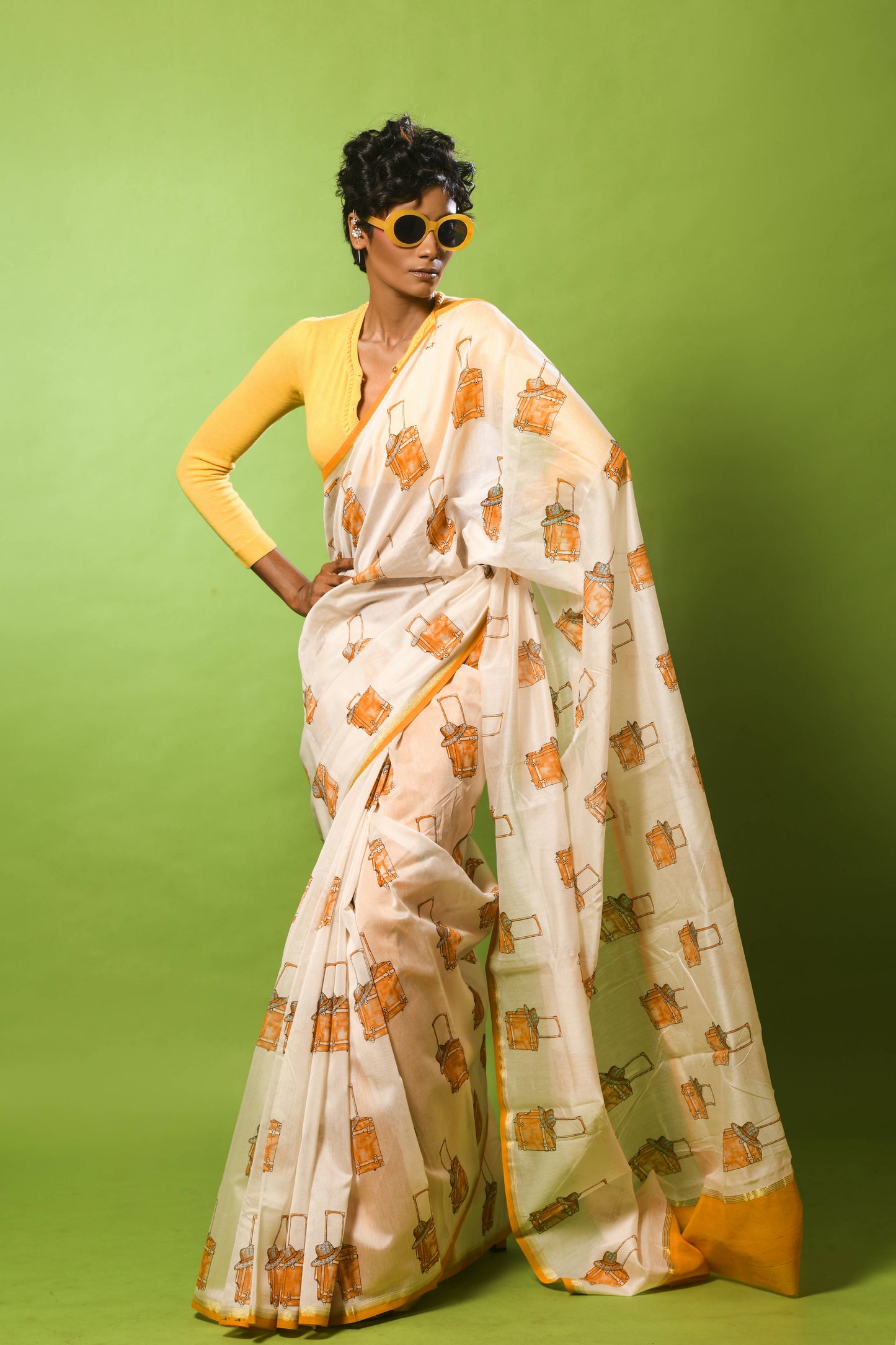 Suitcase Beige Chanderi Printed Saree