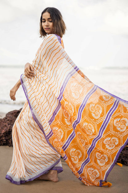 Caracol Orange & Lilac Linen Saree