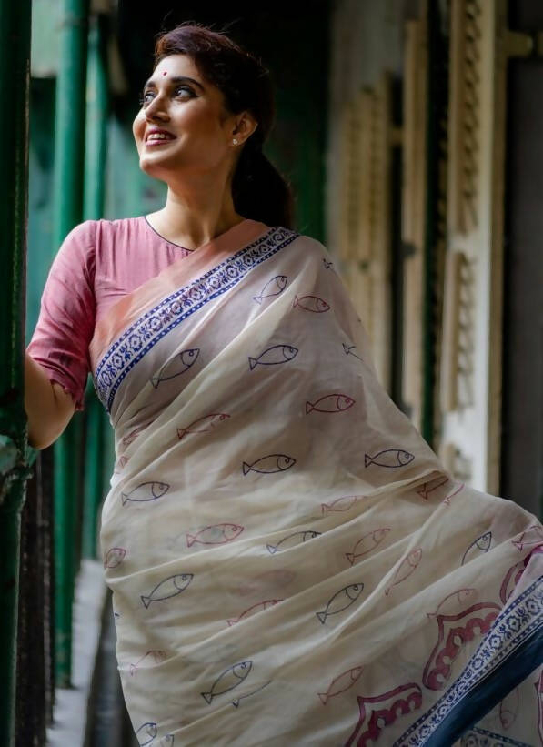 Padosan Block Print White Cotton Saree