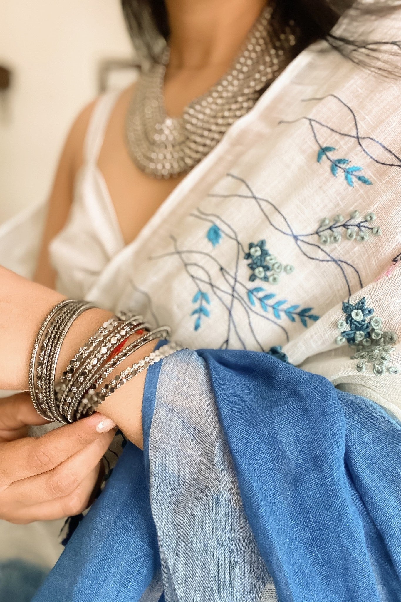 Amber White & Blue Linen Saree