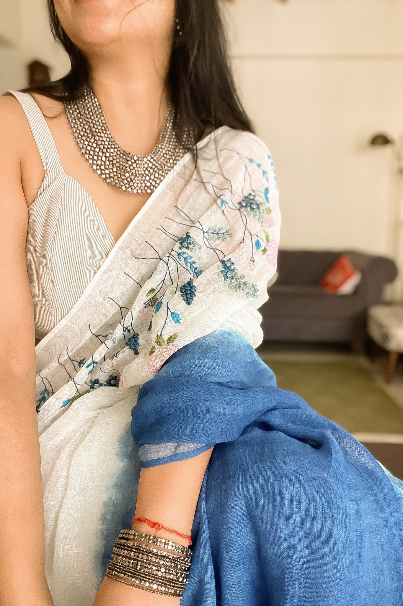 Amber White & Blue Linen Saree