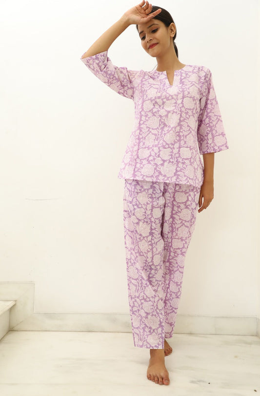 November Rain Hand Block Printed Cotton Kurta Jammies 2 pc SET